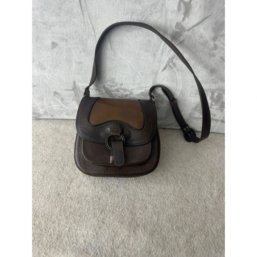 Anna Cainzo Brown Leather Saddle Crossbody Bag Stamped Detail Made in Bolivia
